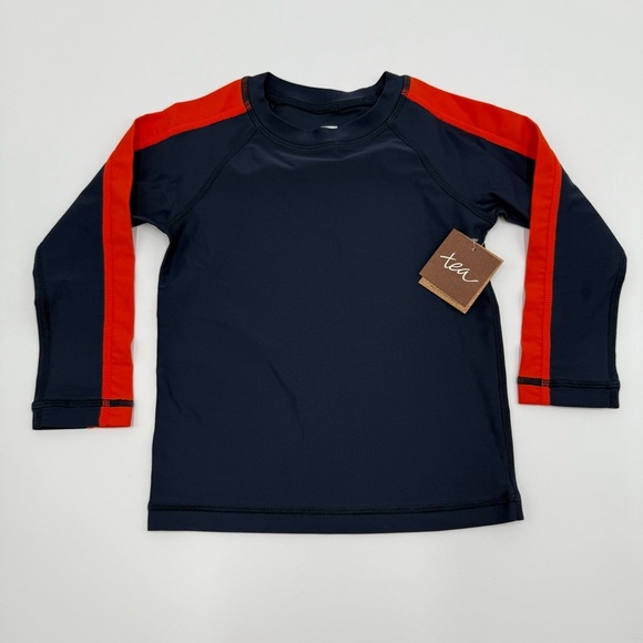 NWT Tea Collection Boys Kids Swim Rash Guard Shirt - Navy & Red Orange Size 2 - Picture 1 of 7